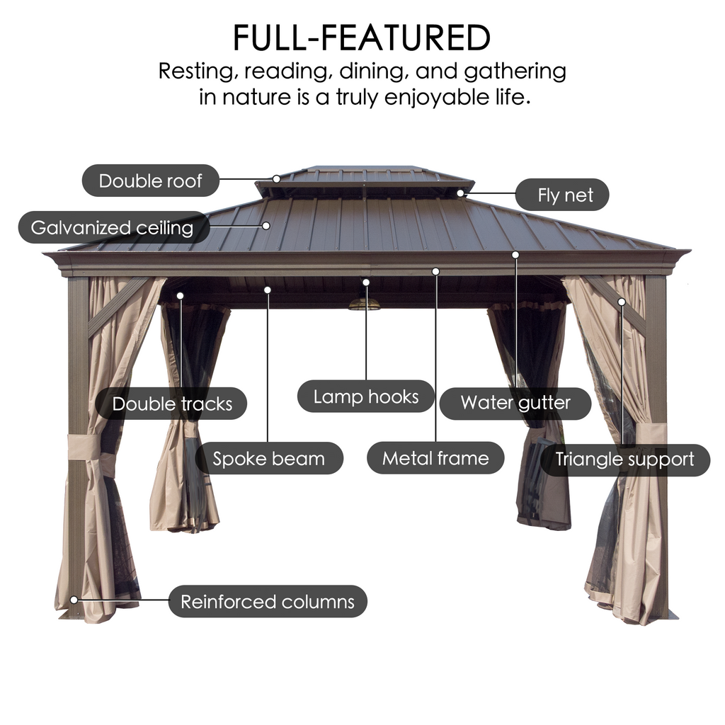 Kozyard Alexander 12' x 14' Hardtop Gazebo, Aluminum Frame with Galvanized Steel Double Roof, Outdoor Permanent Pavilion with Curtains and Netting for Patio, Backyard, Deck, Lawn Brown