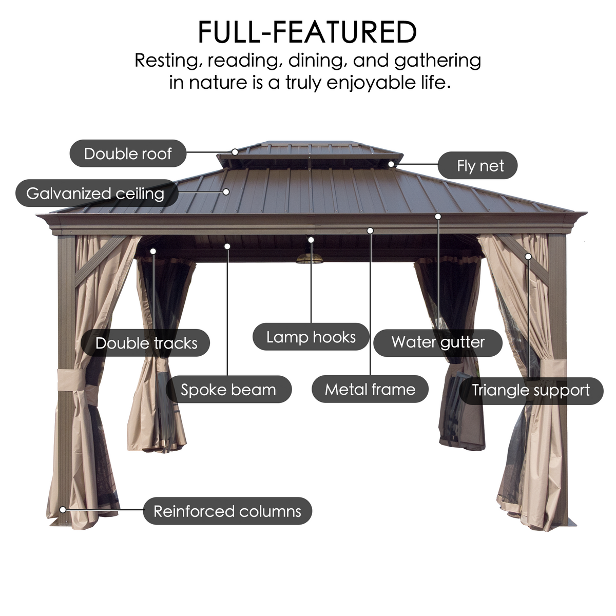 Kozyard Alexander 12' x 14' Hardtop Gazebo, Aluminum Frame with Galvanized Steel Double Roof, Outdoor Permanent Pavilion with Curtains and Netting for Patio, Backyard, Deck, Lawn Brown