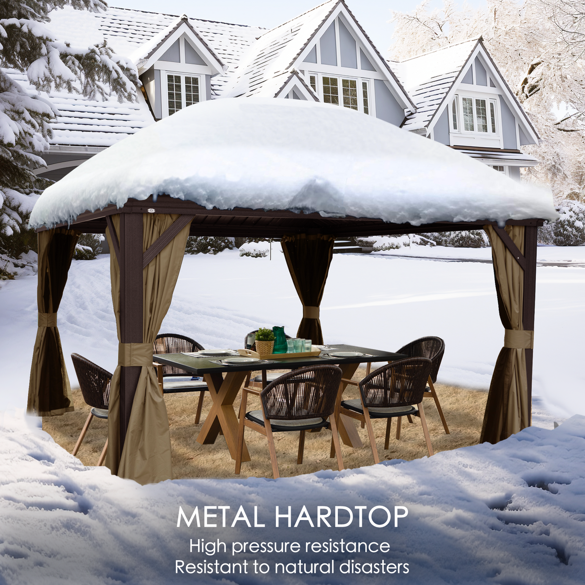 Kozyard Alexander 12' x 14' Hardtop Gazebo, Aluminum Frame with Galvanized Steel Double Roof, Outdoor Permanent Pavilion with Curtains and Netting for Patio, Backyard, Deck, Lawn Brown