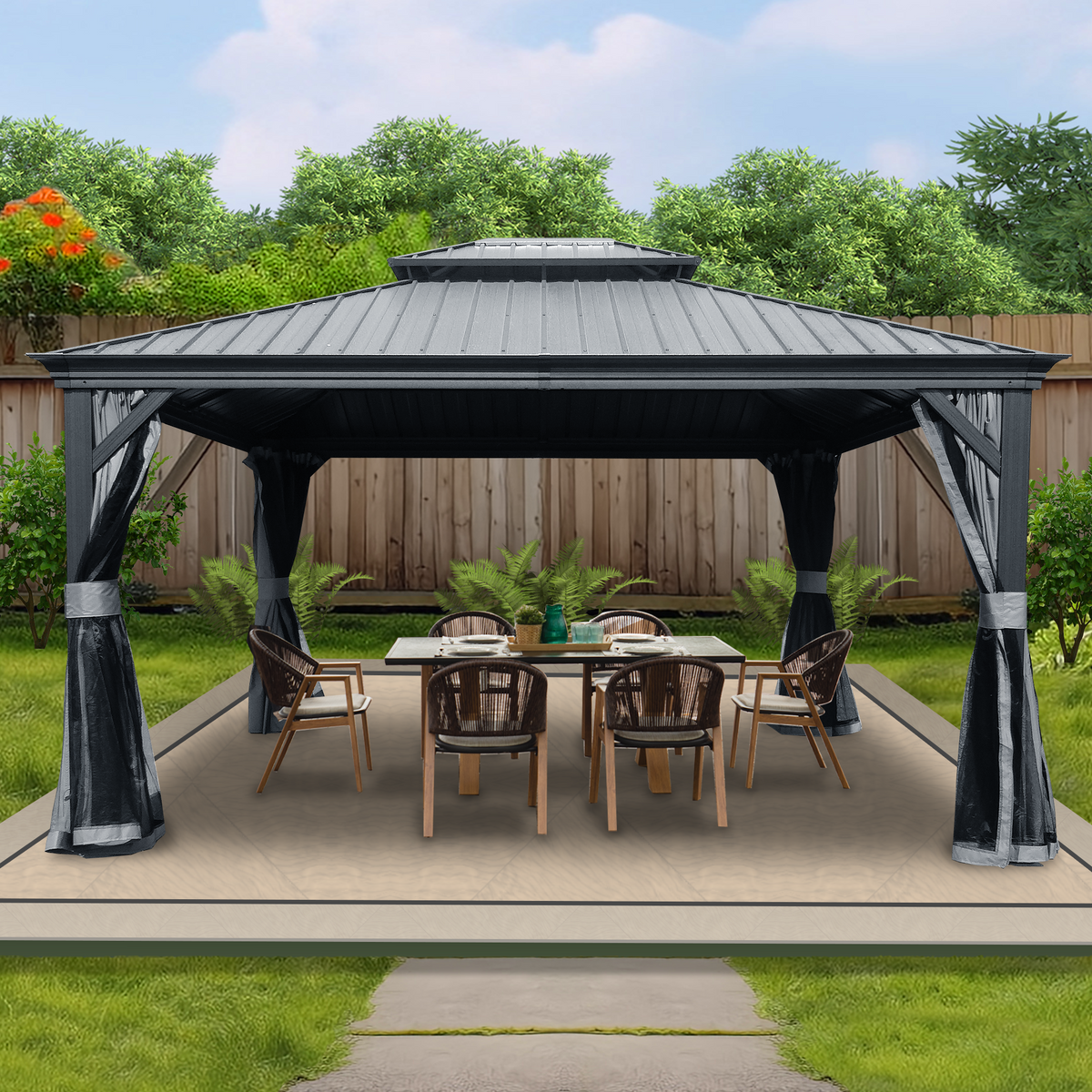 Kozyard Alexander Hardtop Gazebo, Aluminum Frame with Galvanized Steel Double Roof, Outdoor Permanent Pavilion with Curtains and Netting for Patio, Backyard, Deck, Lawn