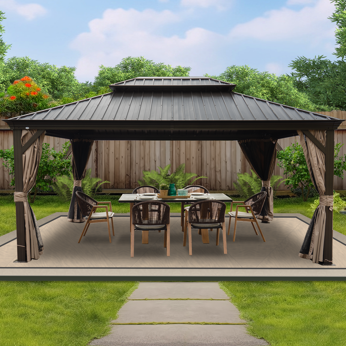 Kozyard Alexander Hardtop Gazebo, Aluminum Frame with Galvanized Steel Double Roof, Outdoor Permanent Pavilion with Curtains and Netting for Patio, Backyard, Deck, Lawn