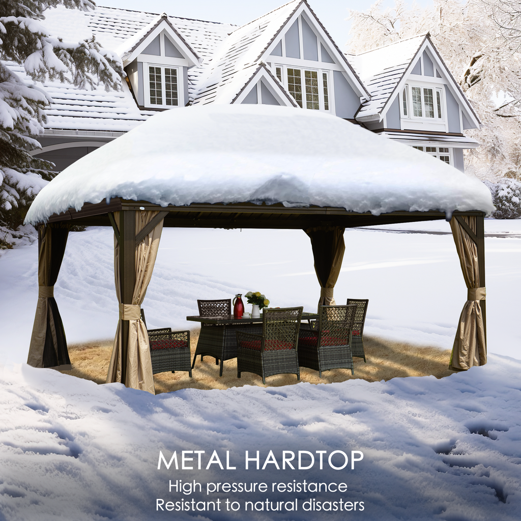 Kozyard Alexander Hardtop Gazebo, Aluminum Frame with Galvanized Steel Double Roof, Outdoor Permanent Pavilion with Curtains and Netting for Patio, Backyard, Deck, Lawn