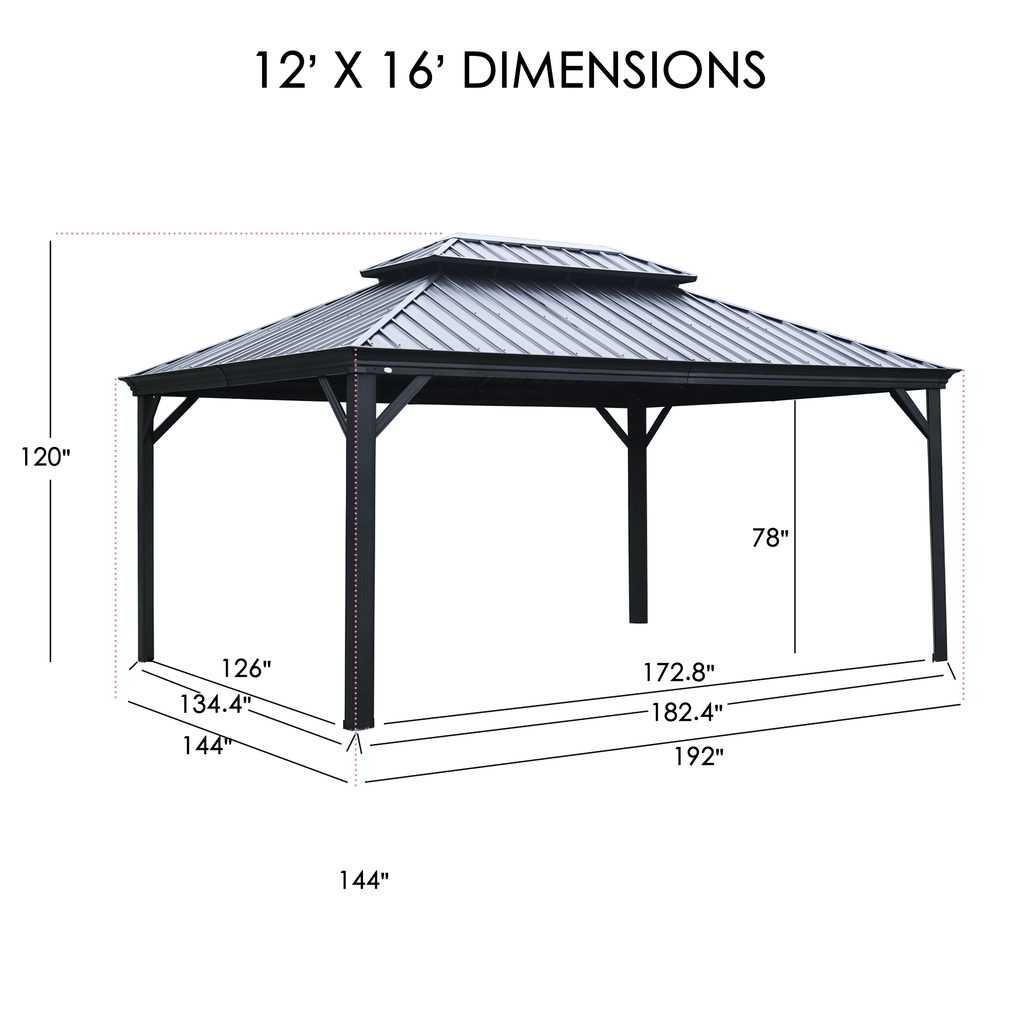 Kozyard Alexander Hardtop Gazebo, Aluminum Frame with Galvanized Steel Double Roof, Outdoor Permanent Pavilion with Curtains and Netting for Patio, Backyard, Deck, Lawn