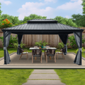 Kozyard Alexander 12' x 16' Hardtop Gazebo, Aluminum Frame with Galvanized Steel Double Roof, Outdoor Permanent Pavilion with Curtains and Netting for Patio, Backyard, Deck, Lawn Gray