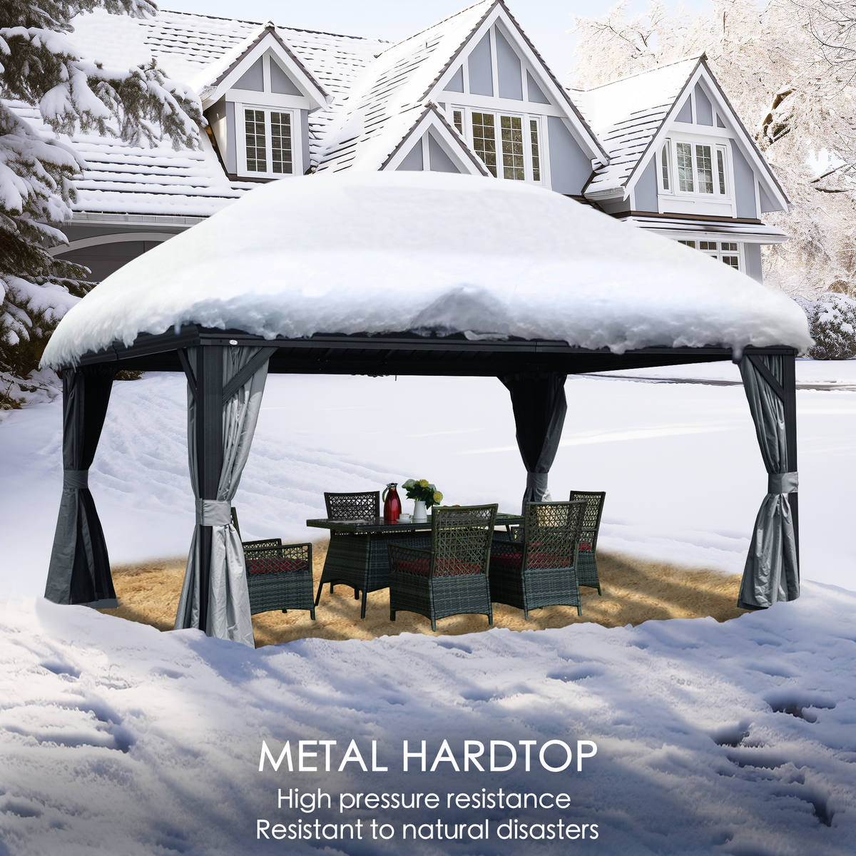 Kozyard Alexander 12' x 16' Hardtop Gazebo, Aluminum Frame with Galvanized Steel Double Roof, Outdoor Permanent Pavilion with Curtains and Netting for Patio, Backyard, Deck, Lawn Gray