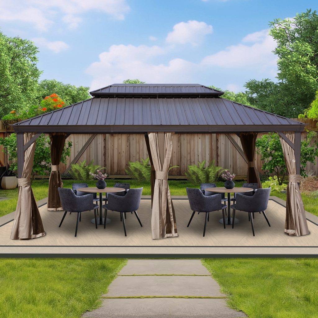 Kozyard Alexander Hardtop Gazebo, Aluminum Frame with Galvanized Steel Double Roof, Outdoor Permanent Pavilion with Curtains and Netting for Patio, Backyard, Deck, Lawn