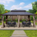 Kozyard Alexander 12' x 18' Hardtop Gazebo, Aluminum Frame with Galvanized Steel Double Roof, Outdoor Permanent Pavilion with Curtains and Netting for Patio, Backyard, Deck, Lawn Brown