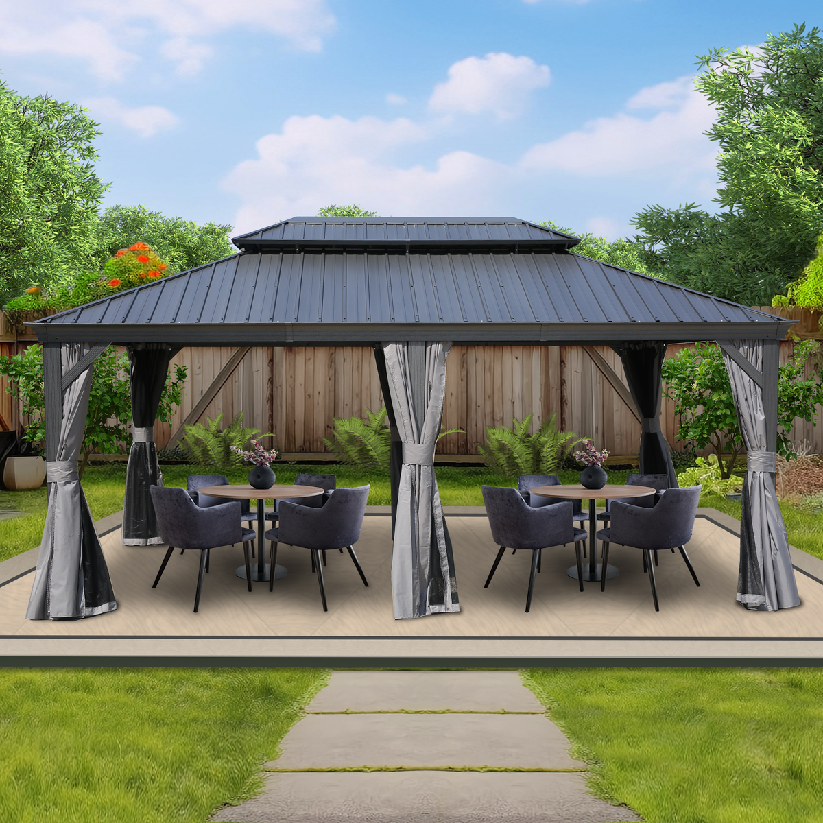 Kozyard Alexander 12' x 18' Hardtop Gazebo, Aluminum Frame with Galvanized Steel Double Roof, Outdoor Permanent Pavilion with Curtains and Netting for Patio, Backyard, Deck, LawnGray