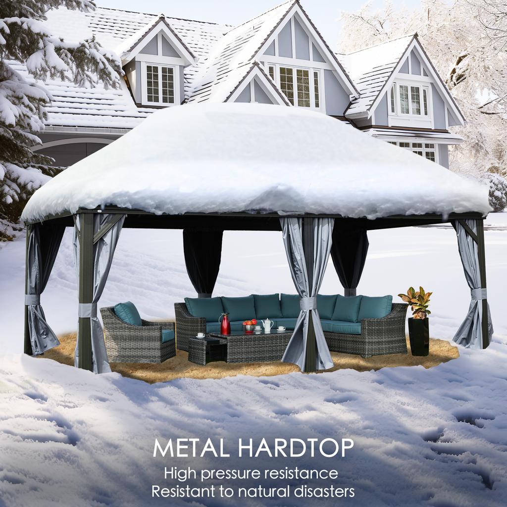 Kozyard Alexander 12' x 18' Hardtop Gazebo, Aluminum Frame with Galvanized Steel Double Roof, Outdoor Permanent Pavilion with Curtains and Netting for Patio, Backyard, Deck, LawnGray