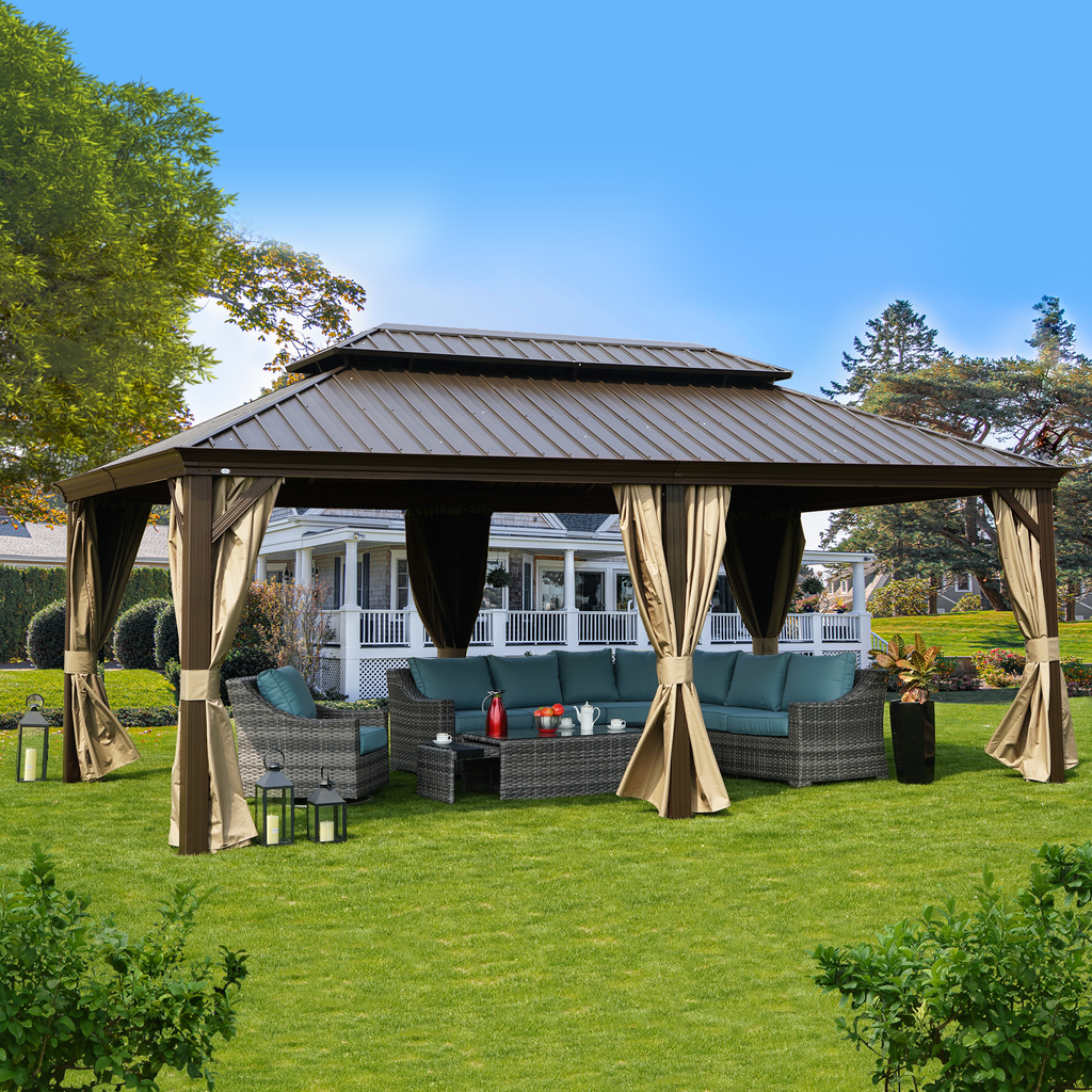 Kozyard Alexander Hardtop Gazebo, Aluminum Frame with Galvanized Steel Double Roof, Outdoor Permanent Pavilion with Curtains and Netting for Patio, Backyard, Deck, Lawn
