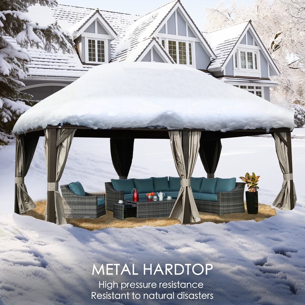 Kozyard Alexander 12' x 20' Hardtop Gazebo, Aluminum Frame with Galvanized Steel Double Roof, Outdoor Permanent Pavilion with Curtains and Netting for Patio, Backyard, Deck, LawnBrown