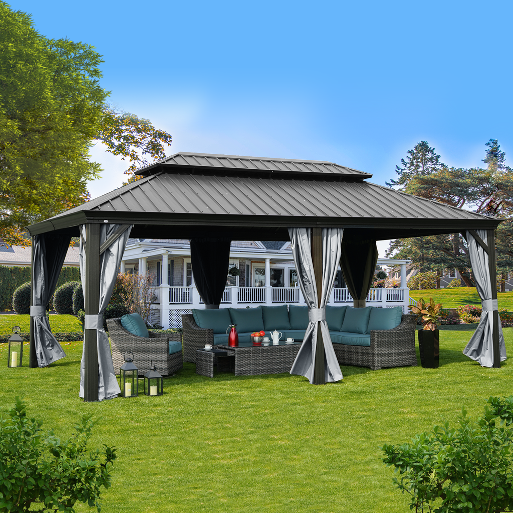 Kozyard Alexander 12' x 20' Hardtop Gazebo, Aluminum Frame with Galvanized Steel Double Roof, Outdoor Permanent Pavilion with Curtains and Netting for Patio, Backyard, Deck, Lawn Gray