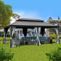 Kozyard Alexander 12' x 20' Hardtop Gazebo, Aluminum Frame with Galvanized Steel Double Roof, Outdoor Permanent Pavilion with Curtains and Netting for Patio, Backyard, Deck, Lawn Gray
