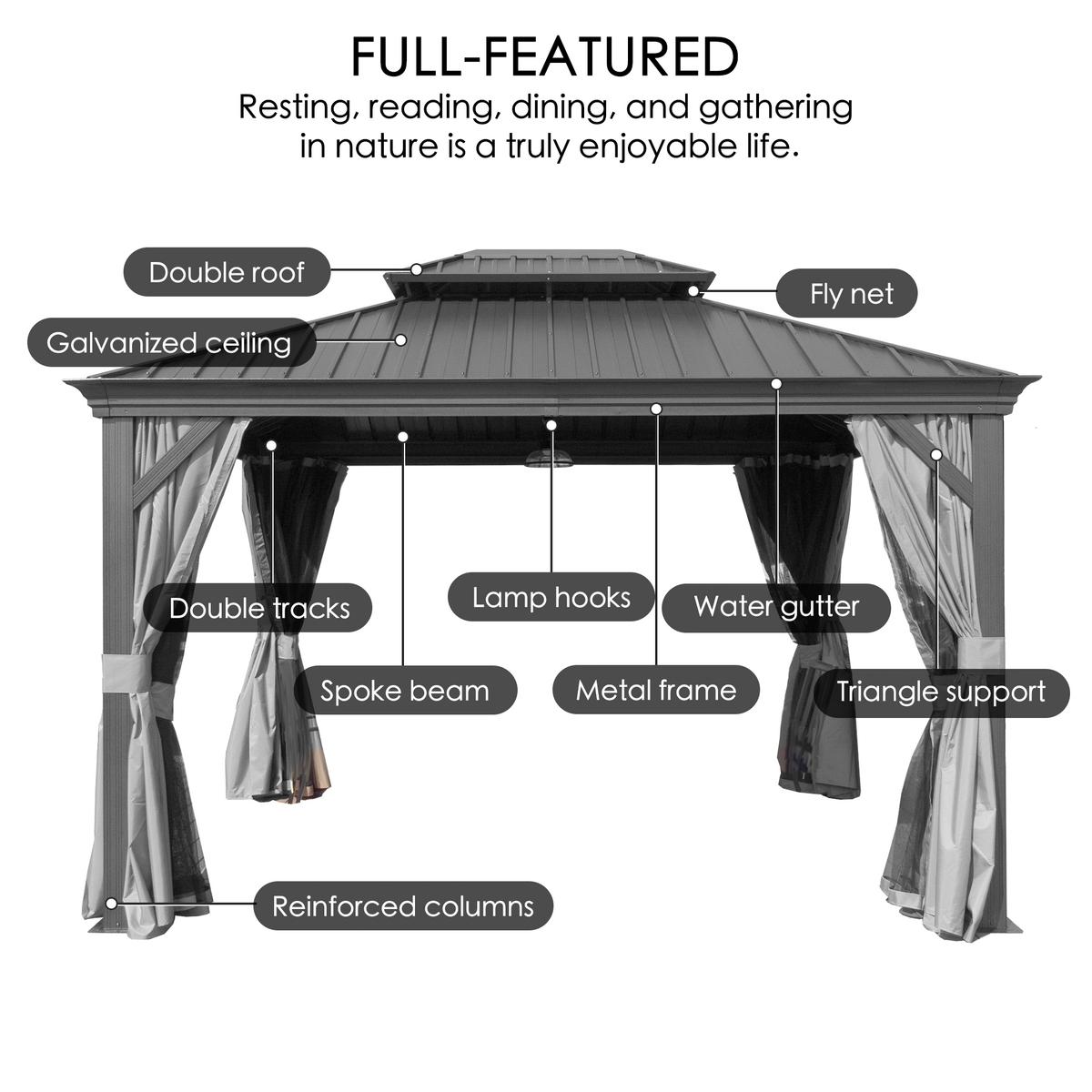 Kozyard Alexander 12' x 20' Hardtop Gazebo, Aluminum Frame with Galvanized Steel Double Roof, Outdoor Permanent Pavilion with Curtains and Netting for Patio, Backyard, Deck, Lawn Gray
