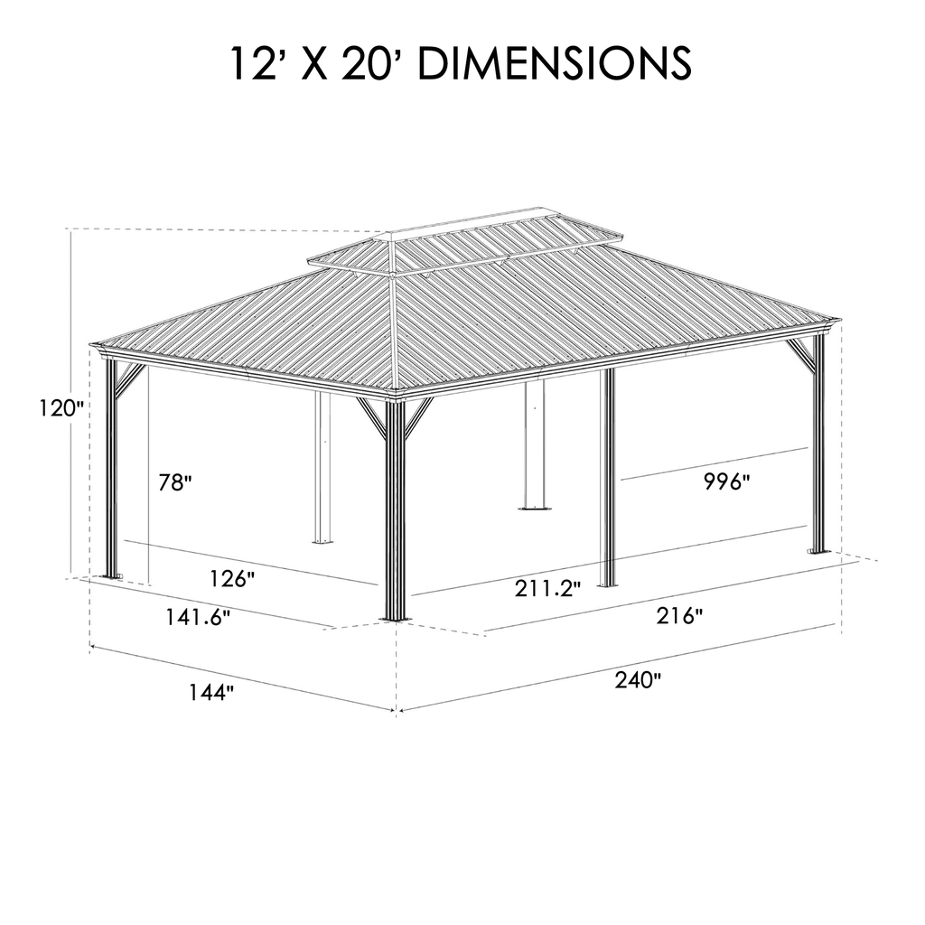 Kozyard Alexander 12' x 20' Hardtop Gazebo, Aluminum Frame with Galvanized Steel Double Roof, Outdoor Permanent Pavilion with Curtains and Netting for Patio, Backyard, Deck, Lawn Gray