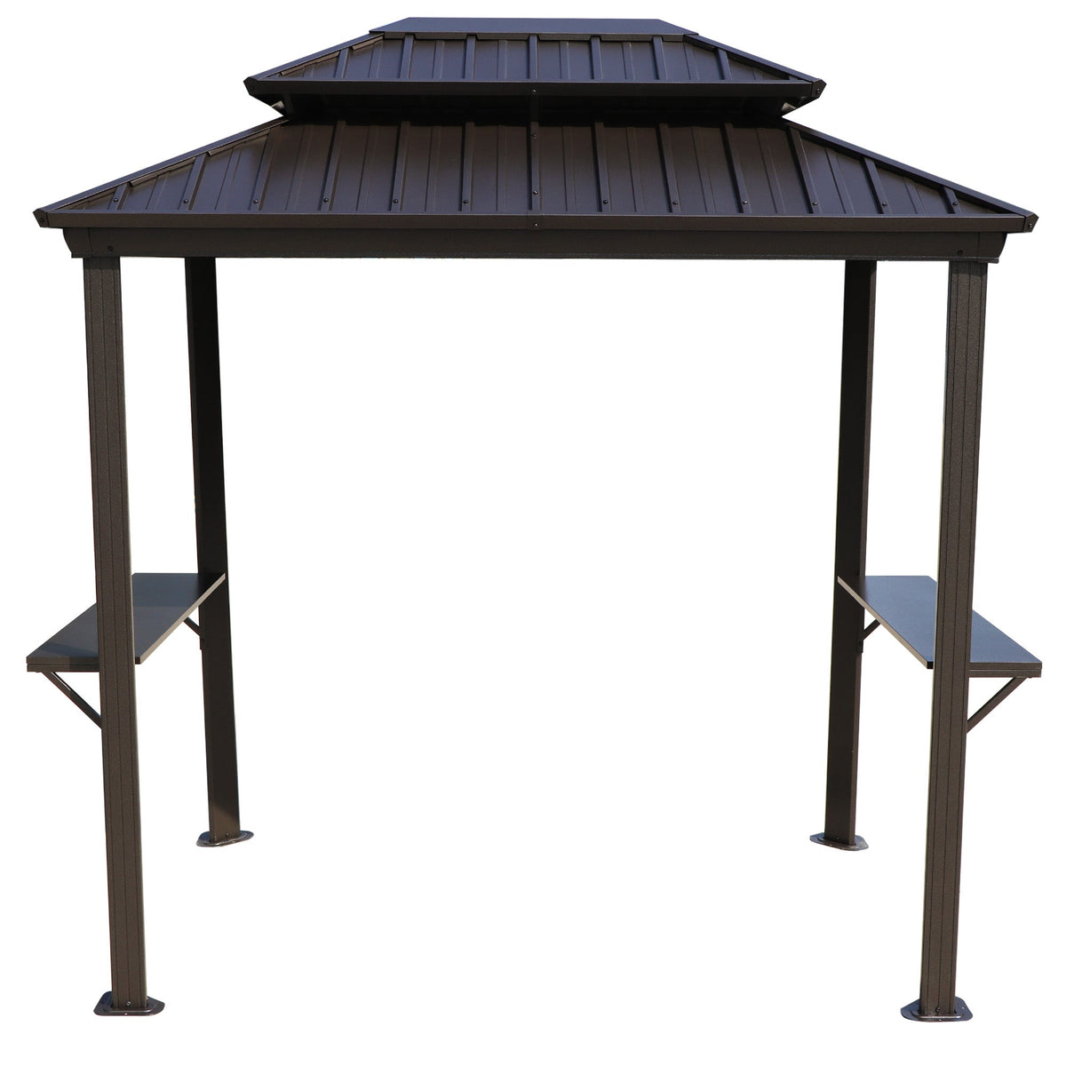 Kozyard 6' x 8' BBQ Hardtop Grill Gazebo, Outdoor Grill Shelter with Double-Tier Galvanized Steel Roof, Aluminum Frame and 2 Built-in Steel Side Shelves for Outdoor Grilling Station