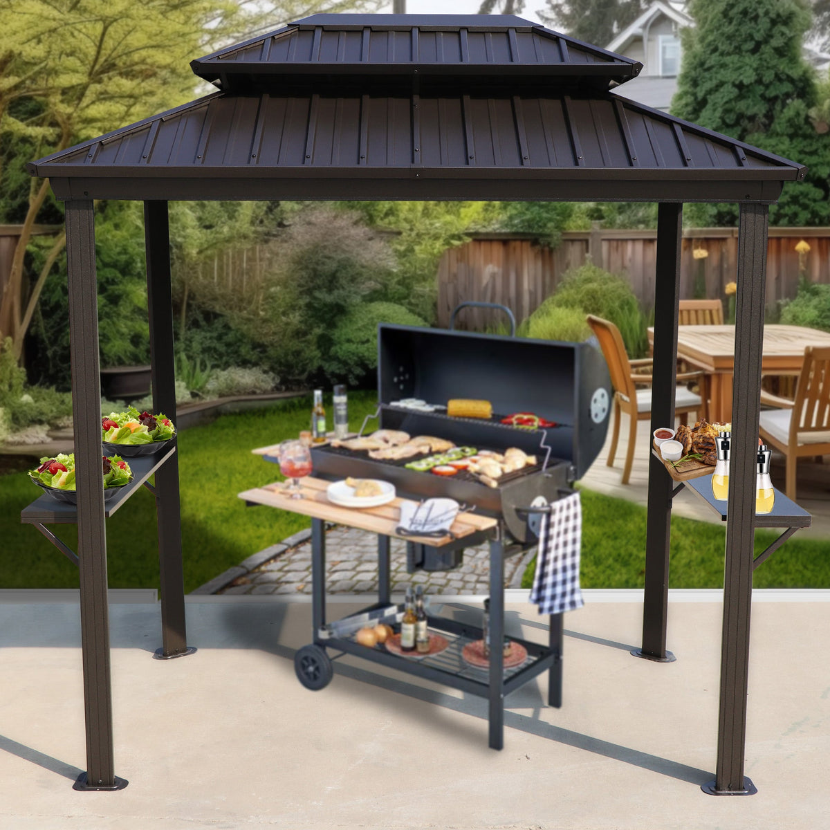 Kozyard 6' x 8' BBQ Hardtop Grill Gazebo, Outdoor Grill Shelter with Double-Tier Galvanized Steel Roof, Aluminum Frame and 2 Built-in Steel Side Shelves for Outdoor Grilling Station