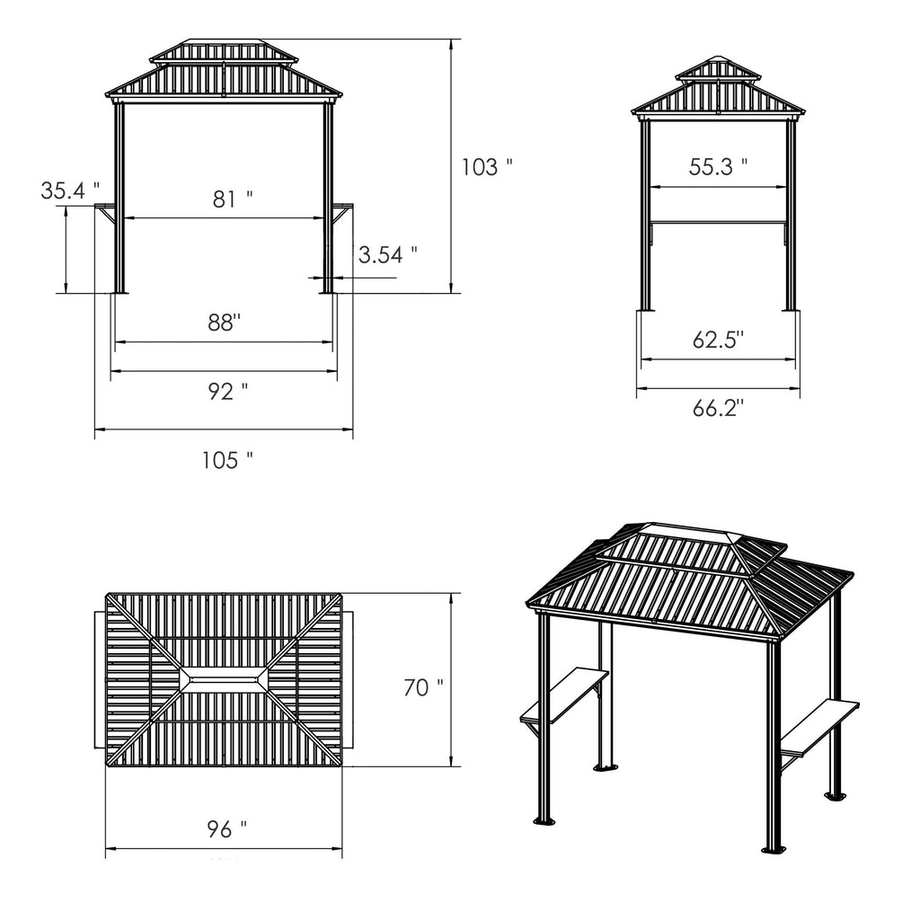 Kozyard 6' x 8' BBQ Hardtop Grill Gazebo, Outdoor Grill Shelter with Double-Tier Galvanized Steel Roof, Aluminum Frame and 2 Built-in Steel Side Shelves for Outdoor Grilling Station
