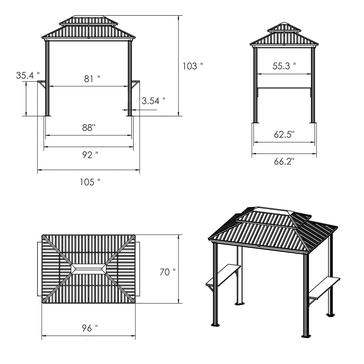 Kozyard 6' x 8' BBQ Hardtop Grill Gazebo, Outdoor Grill Shelter with Double-Tier Galvanized Steel Roof, Aluminum Frame and 2 Built-in Steel Side Shelves for Outdoor Grilling Station