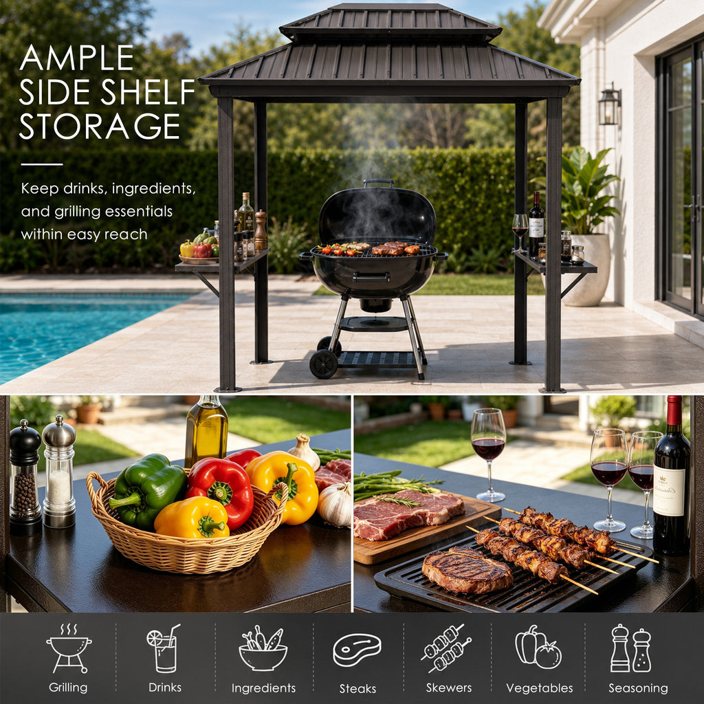 Kozyard 6' x 8' BBQ Hardtop Grill Gazebo, Outdoor Grill Shelter with Double-Tier Galvanized Steel Roof, Aluminum Frame and 2 Built-in Steel Side Shelves for Outdoor Grilling Station