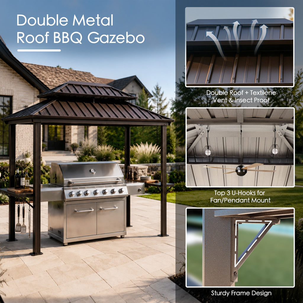Kozyard 6' x 8' BBQ Hardtop Grill Gazebo, Outdoor Grill Shelter with Double-Tier Galvanized Steel Roof, Aluminum Frame and 2 Built-in Steel Side Shelves for Outdoor Grilling Station