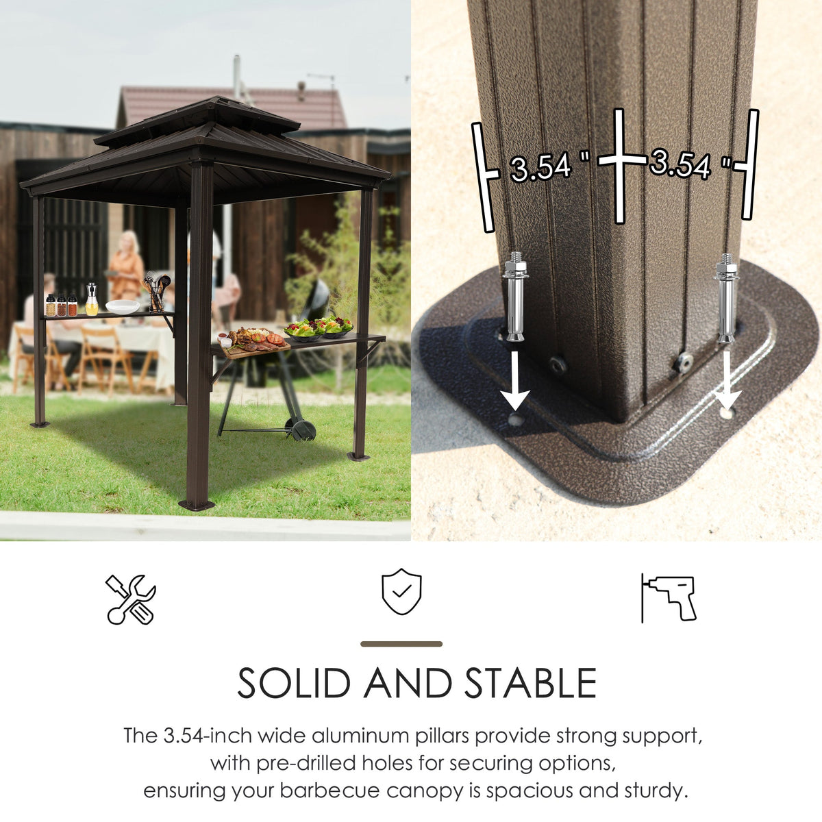 Kozyard 6' x 8' BBQ Hardtop Grill Gazebo, Outdoor Grill Shelter with Double-Tier Galvanized Steel Roof, Aluminum Frame and 2 Built-in Steel Side Shelves for Outdoor Grilling Station