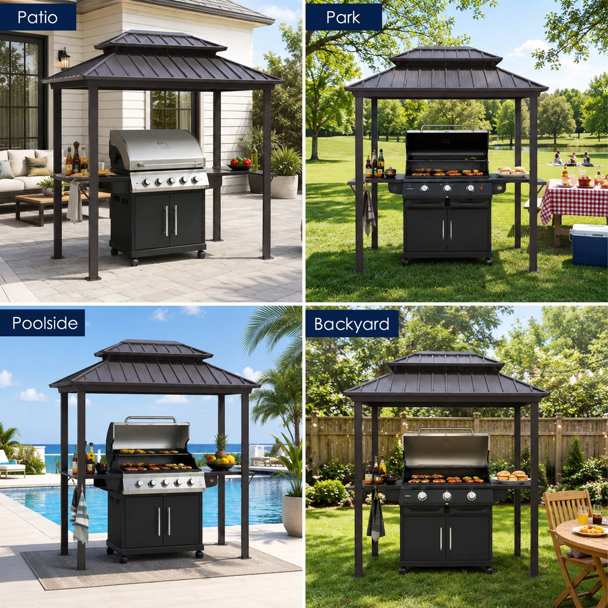 Kozyard 6' x 8' BBQ Hardtop Grill Gazebo, Outdoor Grill Shelter with Double-Tier Galvanized Steel Roof, Aluminum Frame and 2 Built-in Steel Side Shelves for Outdoor Grilling Station