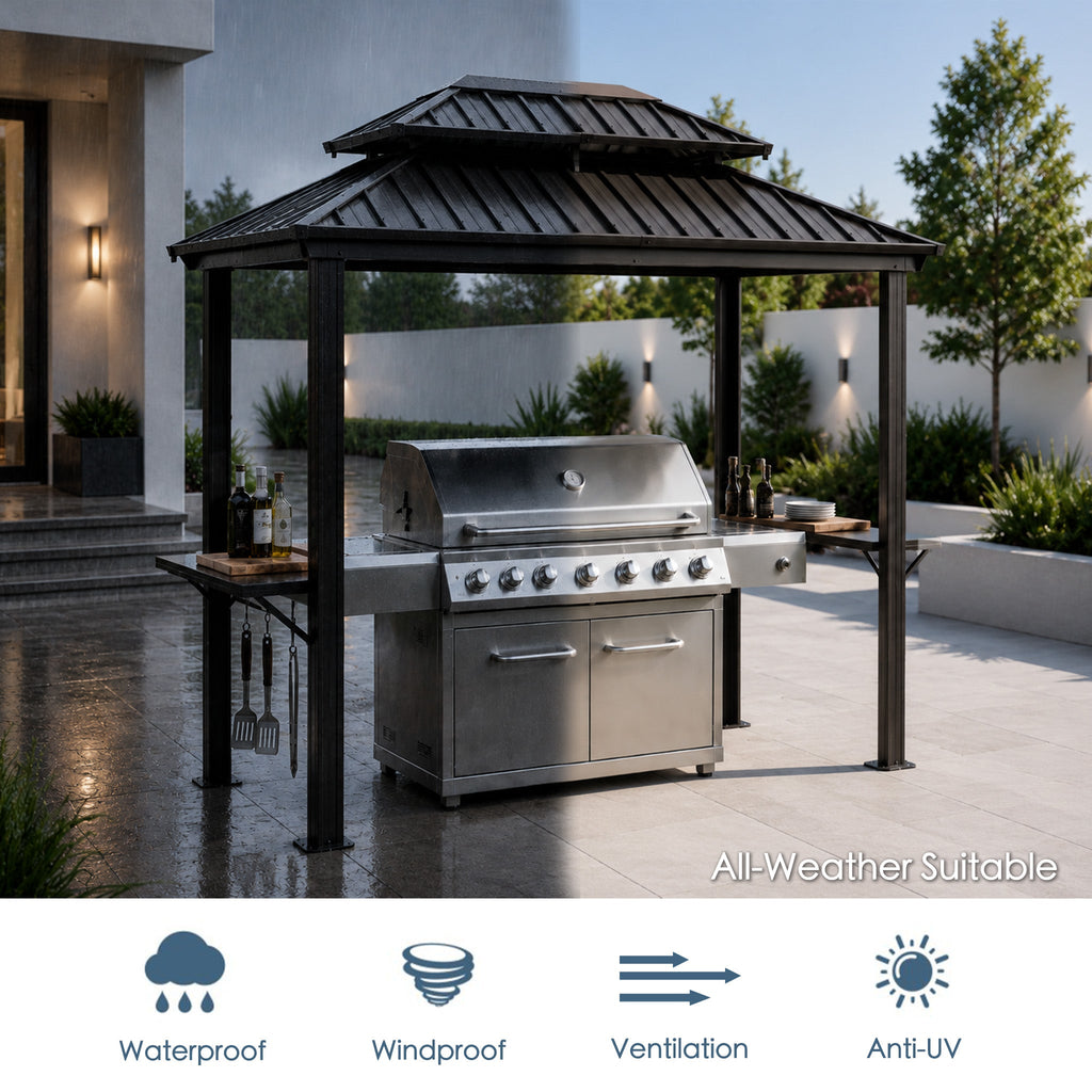 Kozyard 6' x 8' BBQ Hardtop Grill Gazebo, Outdoor Grill Shelter with Double-Tier Galvanized Steel Roof, Aluminum Frame and 2 Built-in Steel Side Shelves for Outdoor Grilling Station