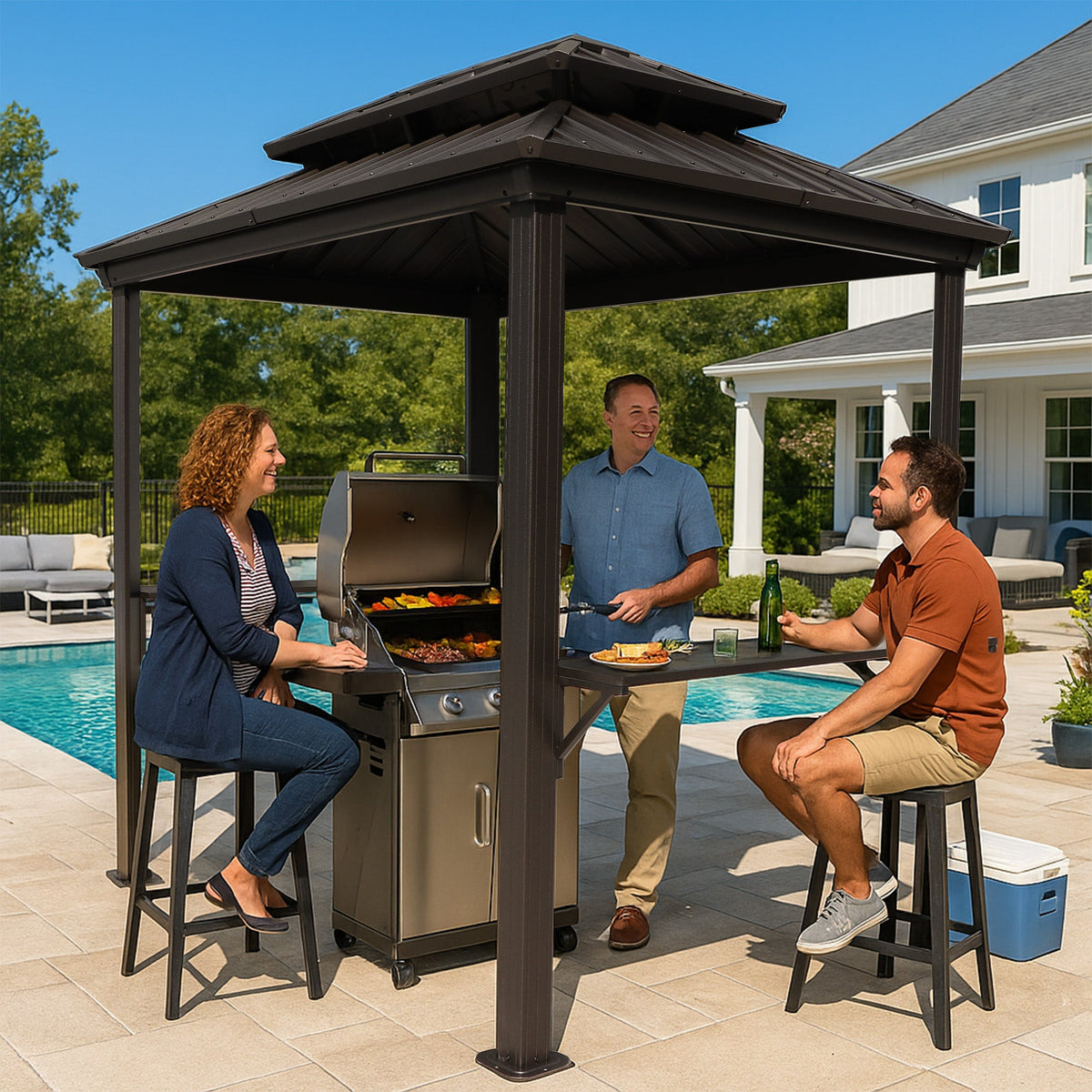 Kozyard 6' x 8' BBQ Hardtop Grill Gazebo, Outdoor Grill Shelter with Double-Tier Galvanized Steel Roof, Aluminum Frame and 2 Built-in Steel Side Shelves for Outdoor Grilling Station