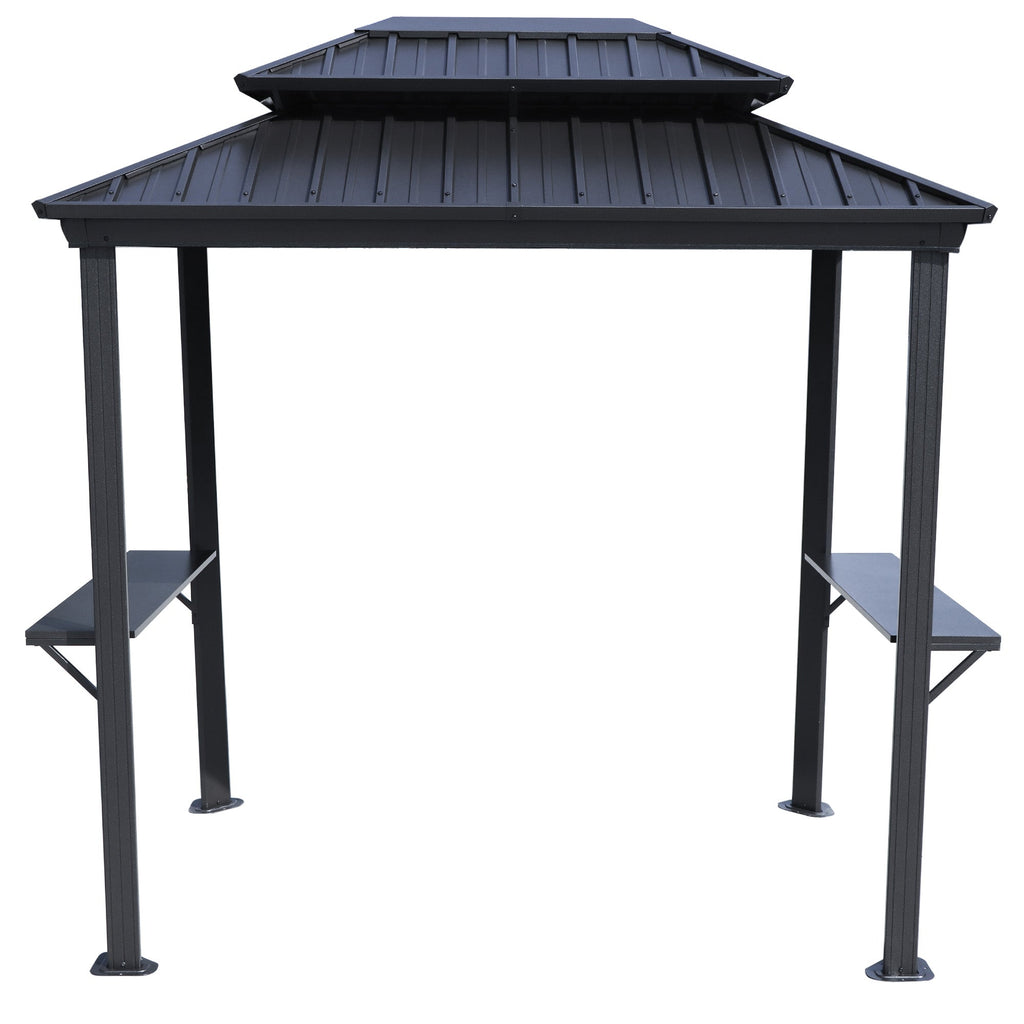 Kozyard 6' x 8' BBQ Hardtop Grill Gazebo, Outdoor Grill Shelter with Double-Tier Galvanized Steel Roof, Aluminum Frame and 2 Built-in Steel Side Shelves for Outdoor Grilling Station