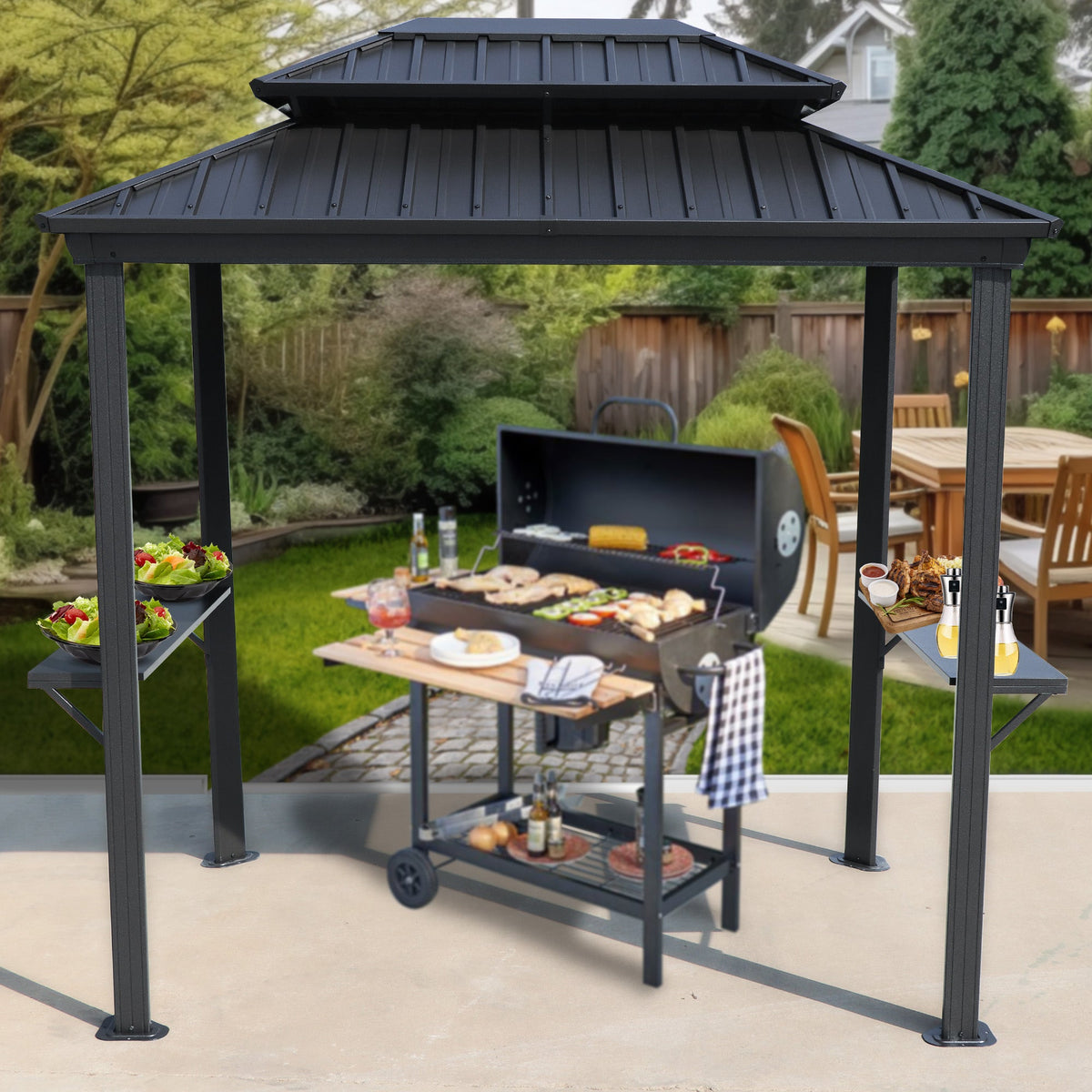 Kozyard 6' x 8' BBQ Hardtop Grill Gazebo, Outdoor Grill Shelter with Double-Tier Galvanized Steel Roof, Aluminum Frame and 2 Built-in Steel Side Shelves for Outdoor Grilling Station