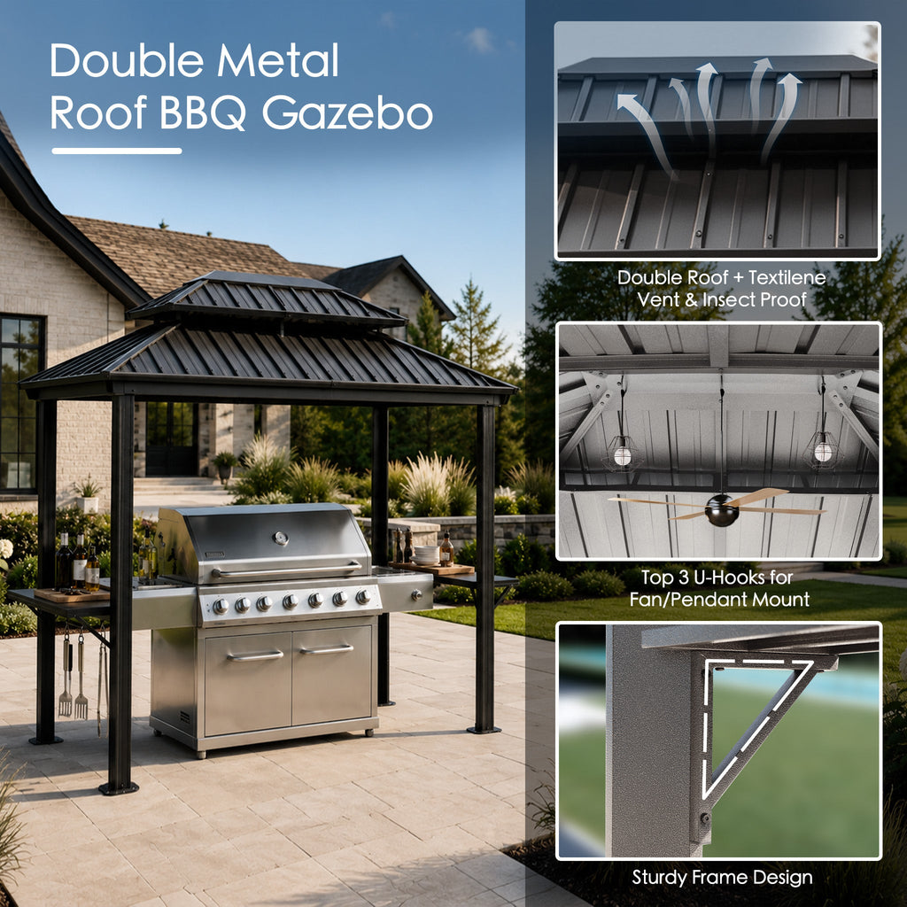 Kozyard 6' x 8' BBQ Hardtop Grill Gazebo, Outdoor Grill Shelter with Double-Tier Galvanized Steel Roof, Aluminum Frame and 2 Built-in Steel Side Shelves for Outdoor Grilling Station