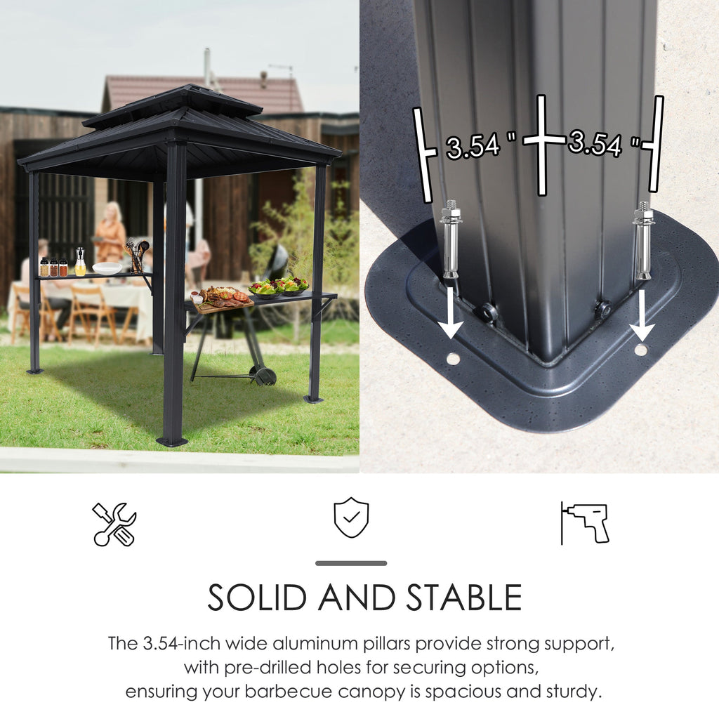 Kozyard 6' x 8' BBQ Hardtop Grill Gazebo, Outdoor Grill Shelter with Double-Tier Galvanized Steel Roof, Aluminum Frame and 2 Built-in Steel Side Shelves for Outdoor Grilling Station
