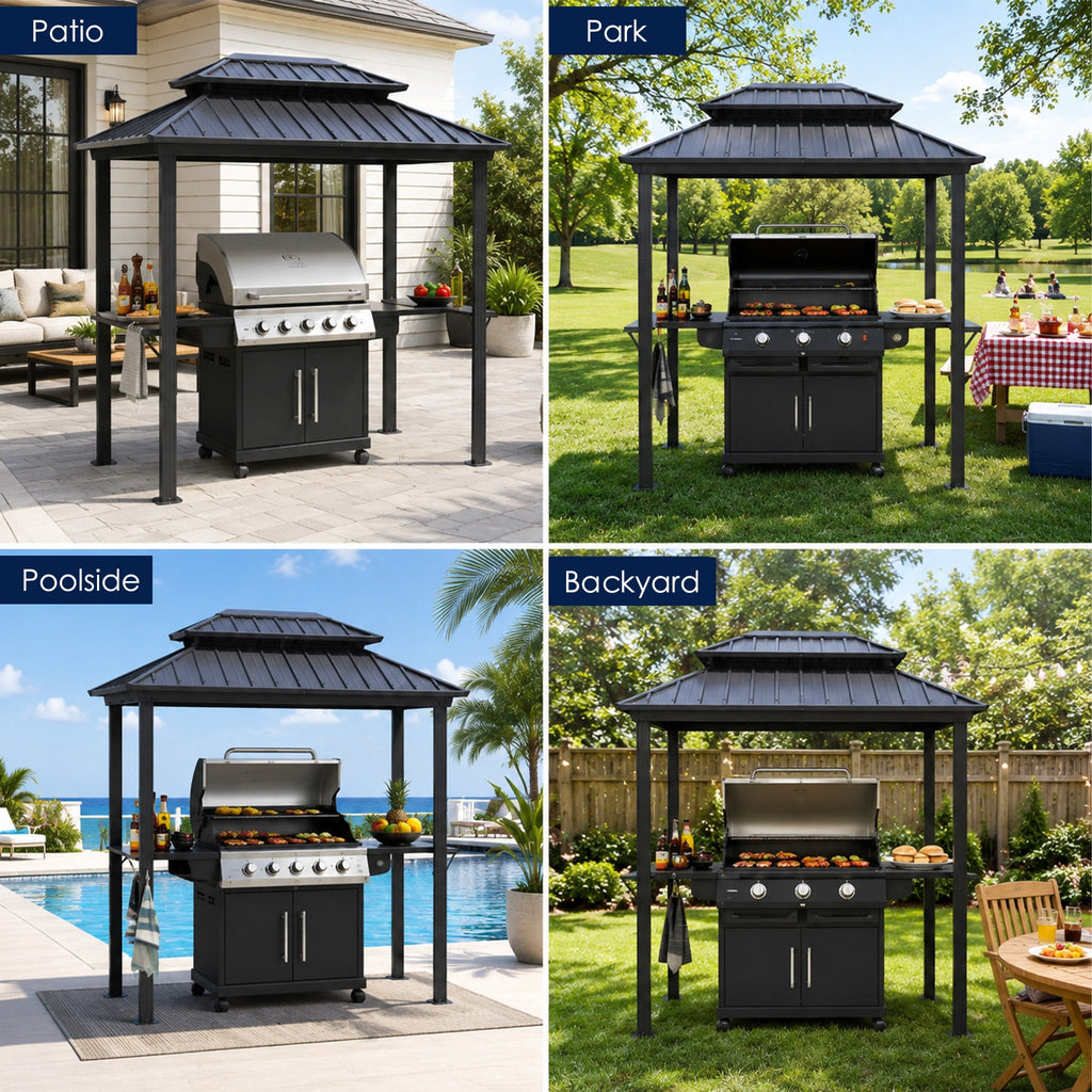 Kozyard 6' x 8' BBQ Hardtop Grill Gazebo, Outdoor Grill Shelter with Double-Tier Galvanized Steel Roof, Aluminum Frame and 2 Built-in Steel Side Shelves for Outdoor Grilling Station