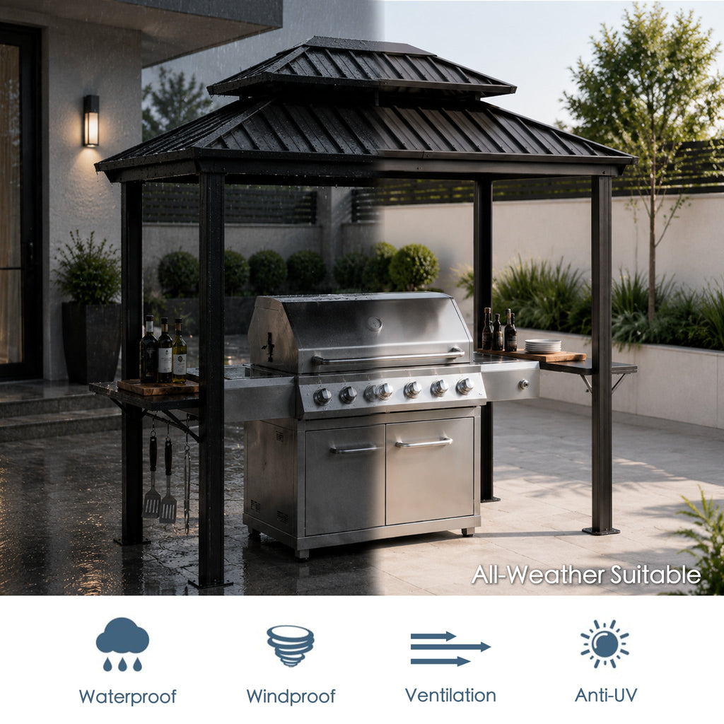 Kozyard 6' x 8' BBQ Hardtop Grill Gazebo, Outdoor Grill Shelter with Double-Tier Galvanized Steel Roof, Aluminum Frame and 2 Built-in Steel Side Shelves for Outdoor Grilling Station