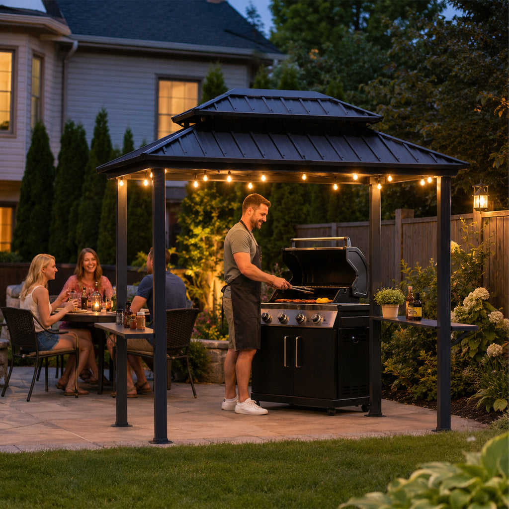 Kozyard 6' x 8' BBQ Hardtop Grill Gazebo, Outdoor Grill Shelter with Double-Tier Galvanized Steel Roof, Aluminum Frame and 2 Built-in Steel Side Shelves for Outdoor Grilling Station