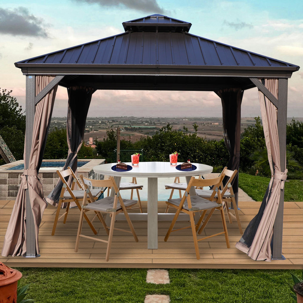 Kozyard Caesar Hardtop Gazebo - Permanent Metal Pavilion with Netting and Shaded Curtains for Patio, Backyard, Deck