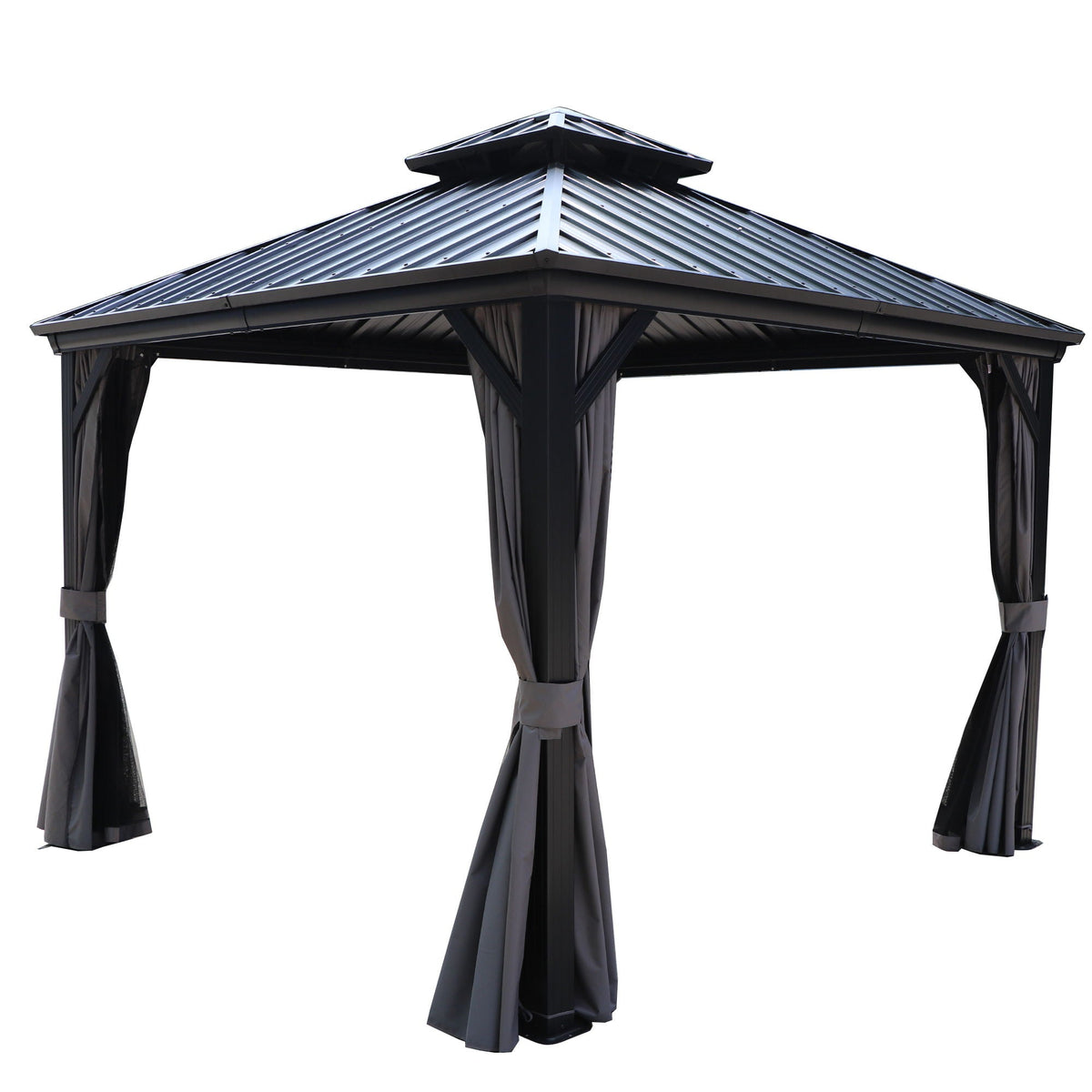 Kozyard Caesar Hardtop Gazebo - Permanent Metal Pavilion with Netting and Shaded Curtains for Patio, Backyard, Deck