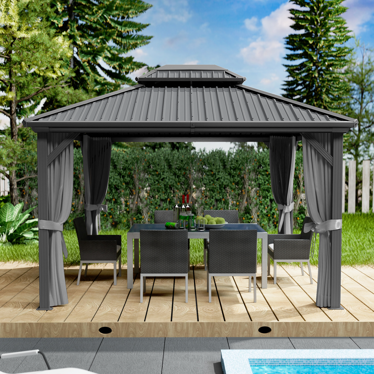 Kozyard Caesar Hardtop Gazebo - Permanent Metal Pavilion with Netting and Shaded Curtains for Patio, Backyard, Deck