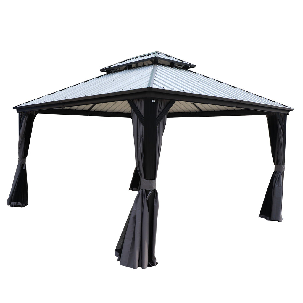 Kozyard Caesar Hardtop Gazebo - Permanent Metal Pavilion with Netting and Shaded Curtains for Patio, Backyard, Deck