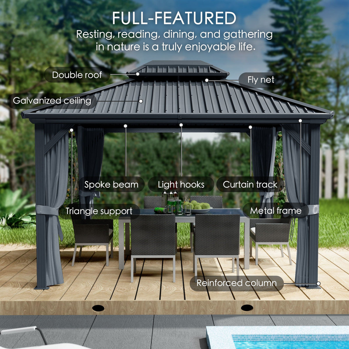 Kozyard Caesar Hardtop Gazebo - Permanent Metal Pavilion with Netting and Shaded Curtains for Patio, Backyard, Deck