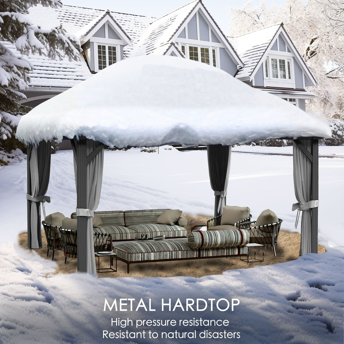 Kozyard Caesar Hardtop Gazebo - Permanent Metal Pavilion with Netting and Shaded Curtains for Patio, Backyard, Deck