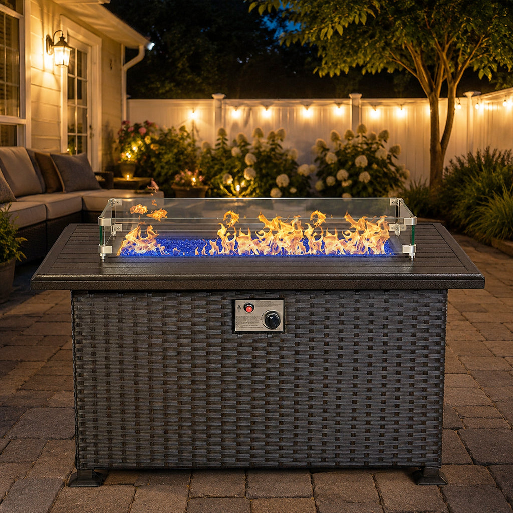 Kozyard Outdoor Patio Propane Gas Fire Pit Table 50,000 BTU Wicker Design, Aluminum Tabletop, Glass Wind Guard, Blue Fire Glass, Slide Out Tank Holder Patio Fire Table