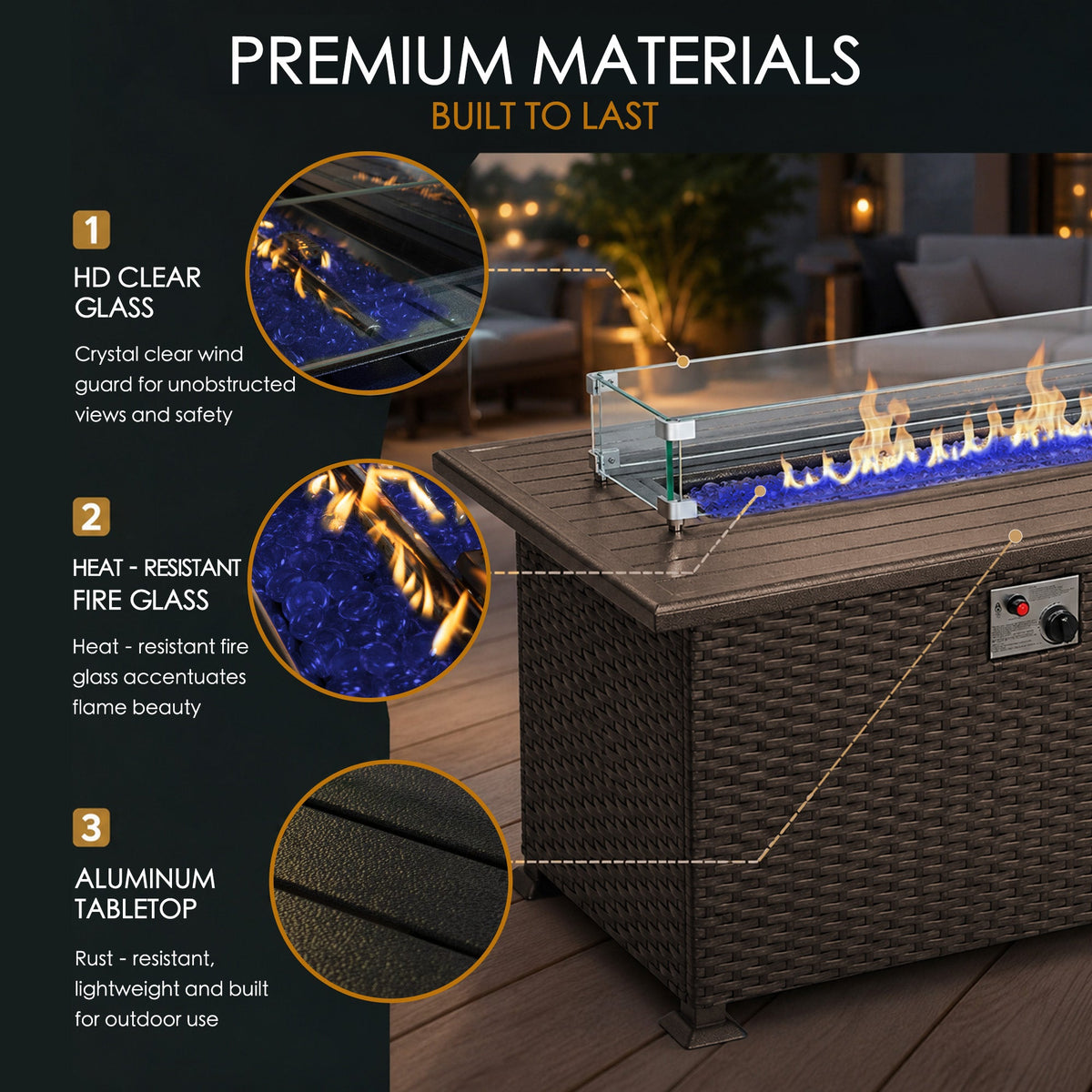 Kozyard Outdoor Patio Propane Gas Fire Pit Table 50,000 BTU Wicker Design, Aluminum Tabletop, Glass Wind Guard, Blue Fire Glass, Slide Out Tank Holder Patio Fire Table