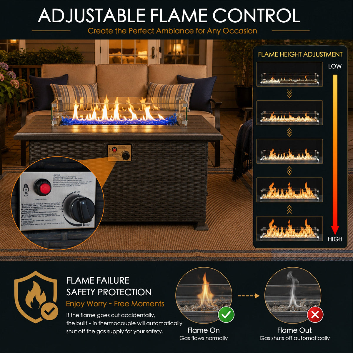 Kozyard Outdoor Patio Propane Gas Fire Pit Table 50,000 BTU Wicker Design, Aluminum Tabletop, Glass Wind Guard, Blue Fire Glass, Slide Out Tank Holder Patio Fire Table