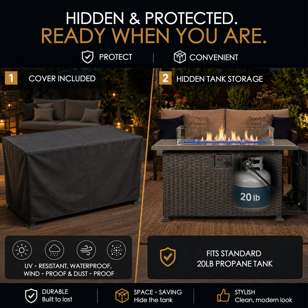 Kozyard Outdoor Patio Propane Gas Fire Pit Table 50,000 BTU Wicker Design, Aluminum Tabletop, Glass Wind Guard, Blue Fire Glass, Slide Out Tank Holder Patio Fire Table