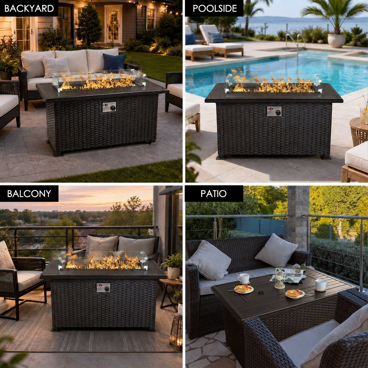 Kozyard Outdoor Patio Propane Gas Fire Pit Table 50,000 BTU Wicker Design, Aluminum Tabletop, Glass Wind Guard, Blue Fire Glass, Slide Out Tank Holder Patio Fire Table