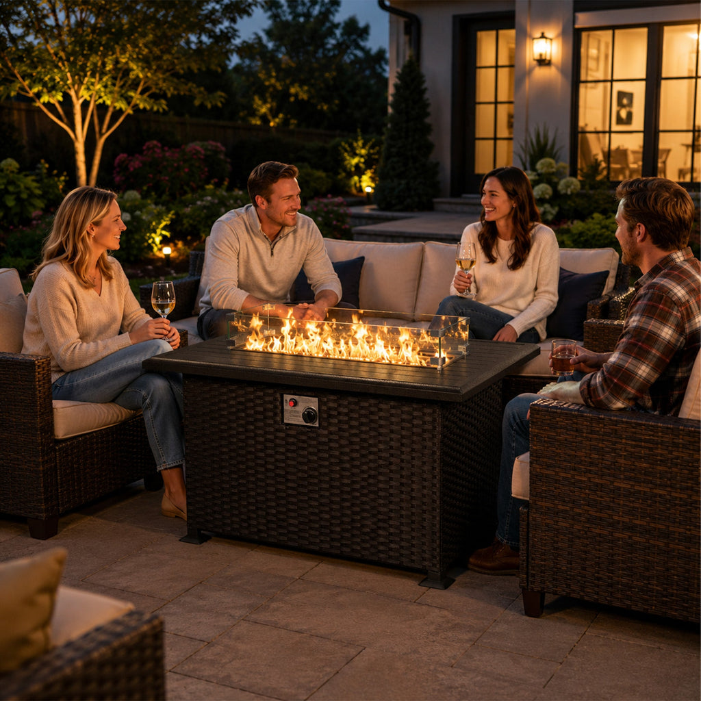 Kozyard Outdoor Patio Propane Gas Fire Pit Table 50,000 BTU Wicker Design, Aluminum Tabletop, Glass Wind Guard, Blue Fire Glass, Slide Out Tank Holder Patio Fire Table