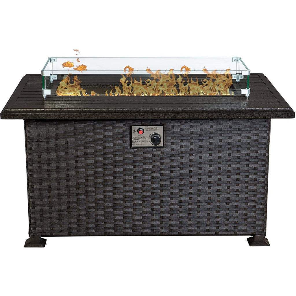 Kozyard Outdoor Patio Propane Gas Fire Pit Table 50,000 BTU Wicker Design, Aluminum Tabletop, Glass Wind Guard, Blue Fire Glass, Slide Out Tank Holder Patio Fire Table