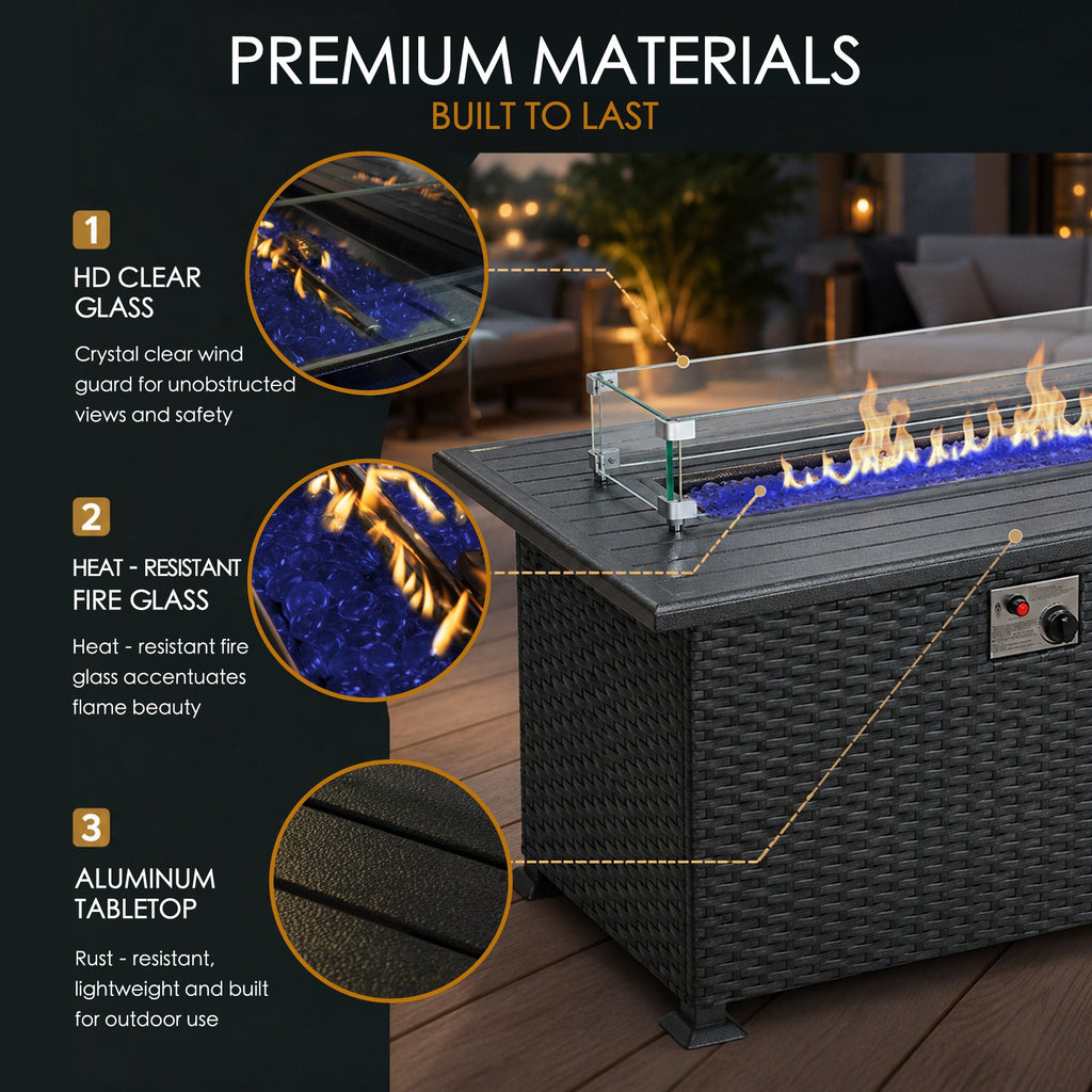 Kozyard Outdoor Patio Propane Gas Fire Pit Table 50,000 BTU Wicker Design, Aluminum Tabletop, Glass Wind Guard, Blue Fire Glass, Slide Out Tank Holder Patio Fire Table